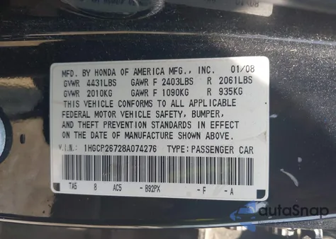2008 Honda Accord 2.4 Ex z USA, uszkodzony, nr VIN 1HGCP26728A074276